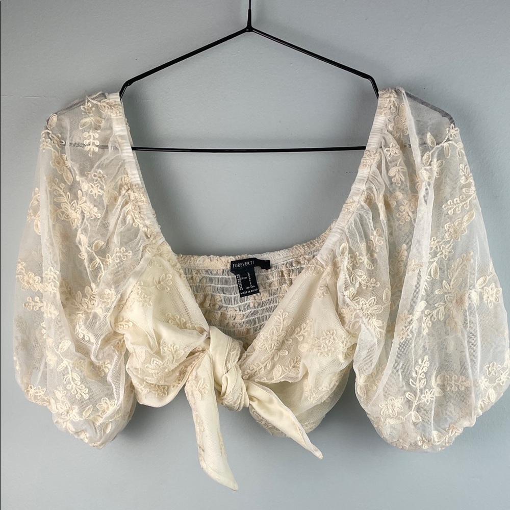 Forever 21 Ivory Embroidered Puff-Sleeve Tie-Front Blouse Size L